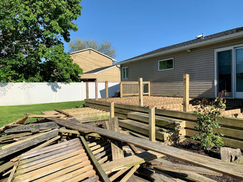house backyard with deck repairing in process bellbrook oh